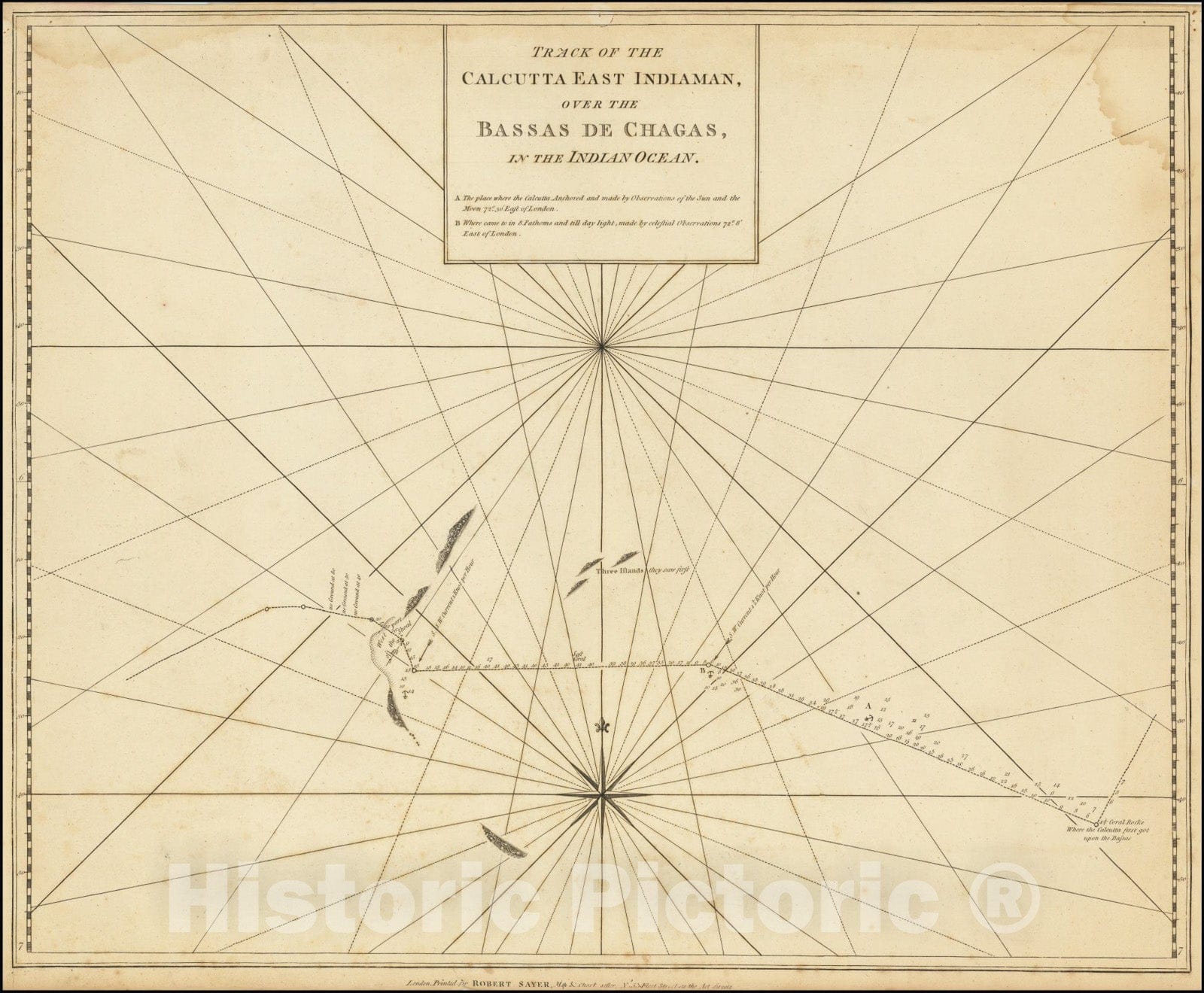 Historic Map : Diego Garcia /Chagos Archipelago,Track of the Calcutta East Indiaman, over the Bassas de Chagas, in the Indian Ocean, 1780, Vintage Wall Art