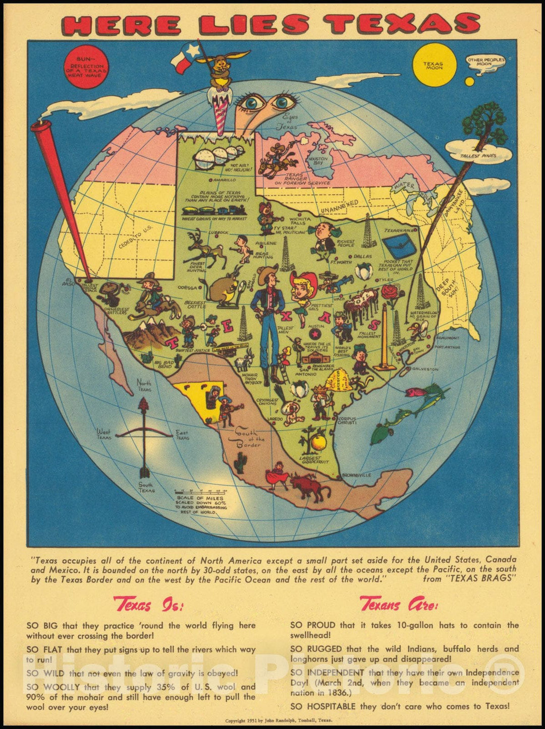 Historic Map : Here Lies Texas, 1951, Vintage Wall Art