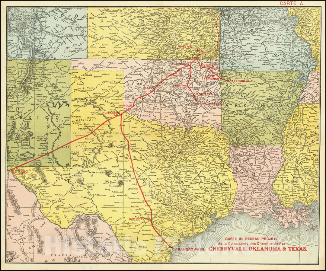 Historic Map : Carte du Reseau Projete de la Compagnie des Chemins de Fer Cherryvale, Oklahoma & Texas, 1906, Vintage Wall Art