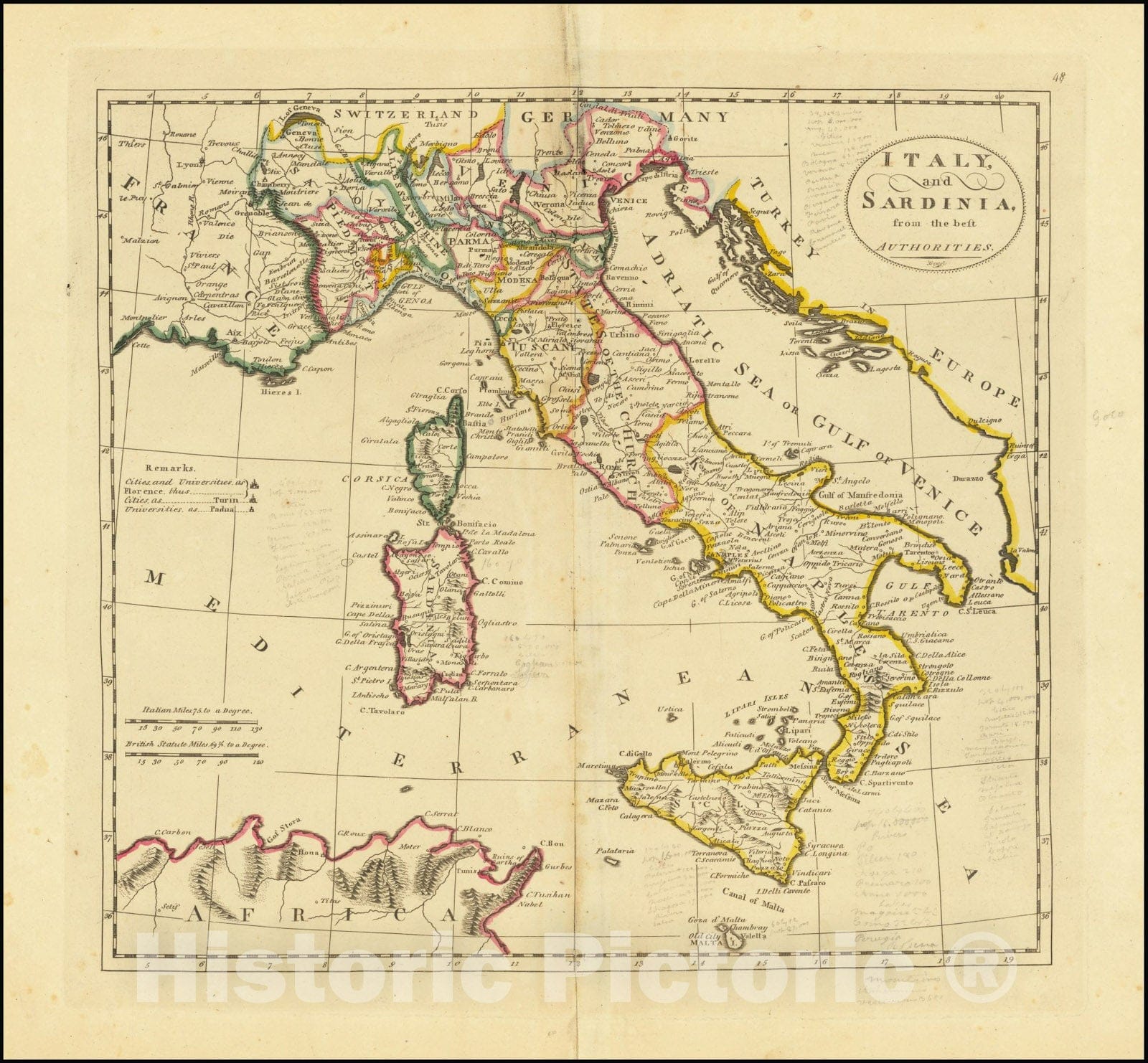 Historic Map : Italy and Sardinia, from the best Authorities, 1814, Vintage Wall Art