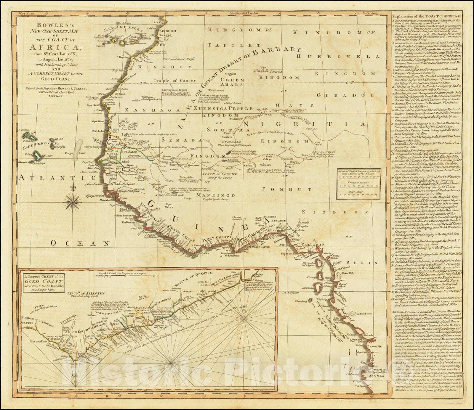 Historic Map : Bowles's New One-Sheet Coast of Africa, from Sta. CRuz, Lat. 30Â° N. to Angola Lat. 11Â° S. with Explanatory Notes; and A Correct Chart of the Gold Coast., 1795, Vintage Wall Art