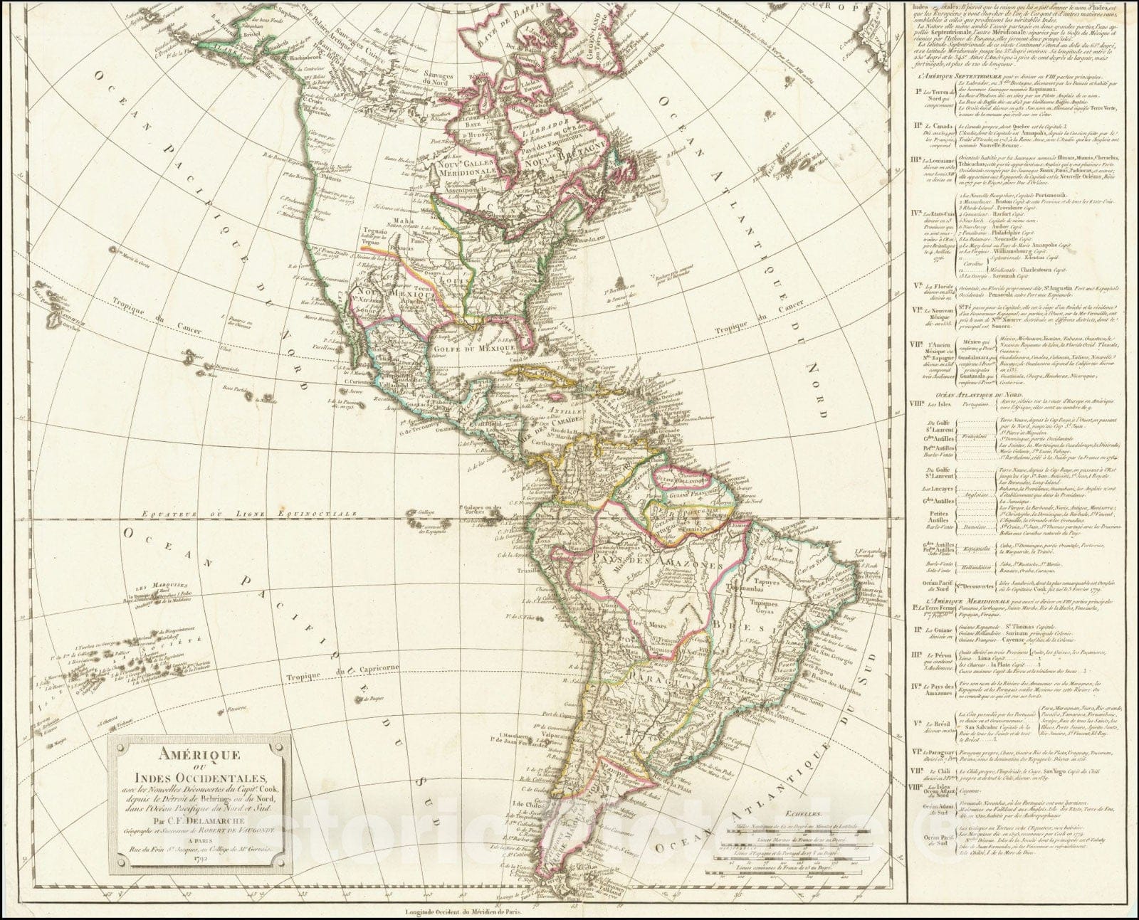 Historic Map : Amerique ou Indes Occidentales avec les Nouvelles Decouvertes du Capite. Cook, depusi le Detroit de Behrings ou du Nord dans l'Ocean Pacifique du Nord et Sud, 1792, 1792, Vintage Wall Art