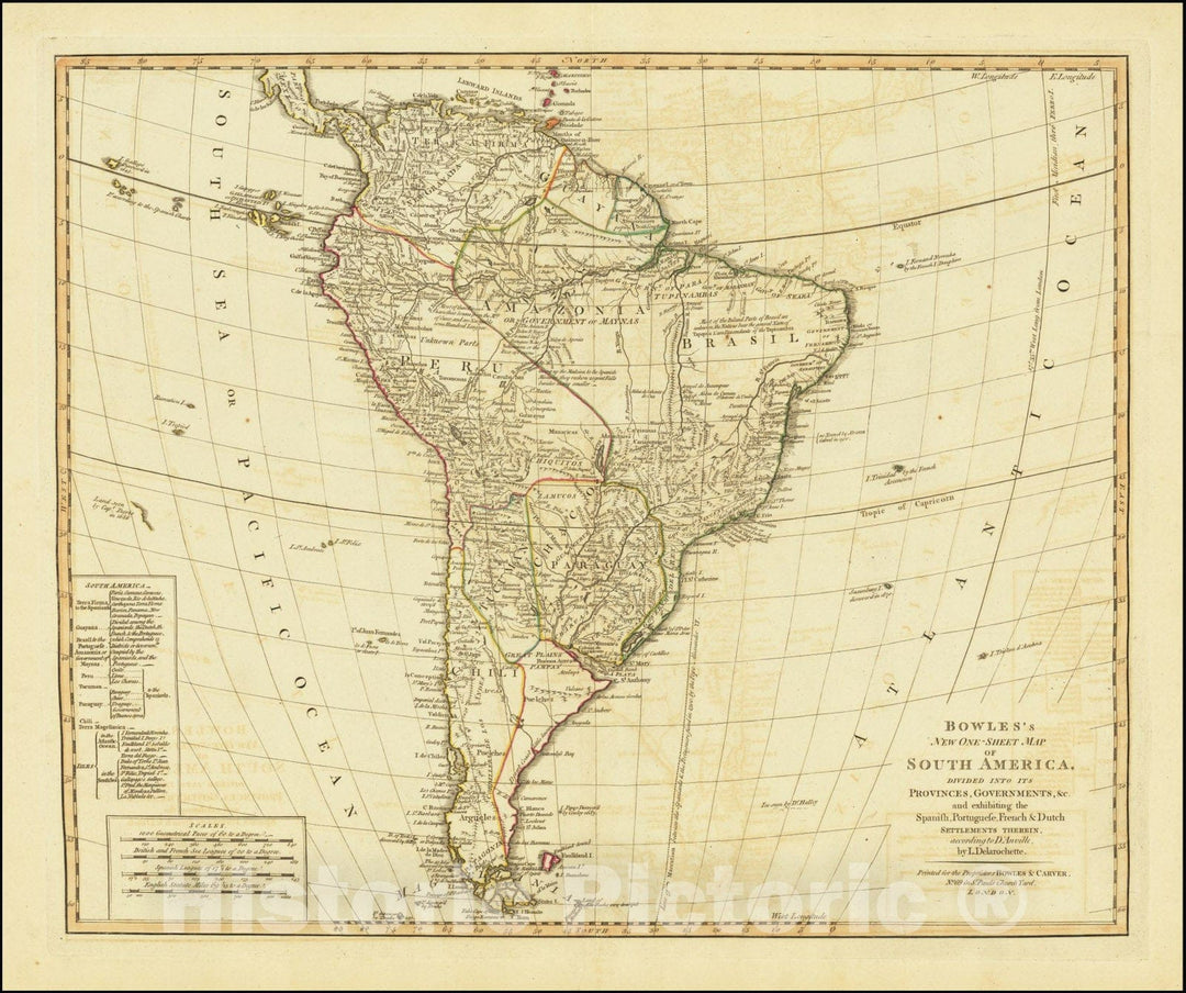 Historic Map : Bowles's New One-Sheet South America, Divided Into Its Provinces, Governments, &c. an exhibiting the Spanish, Portugese, French & Dutch Settlements Therein,  1795, Vintage Wall Art