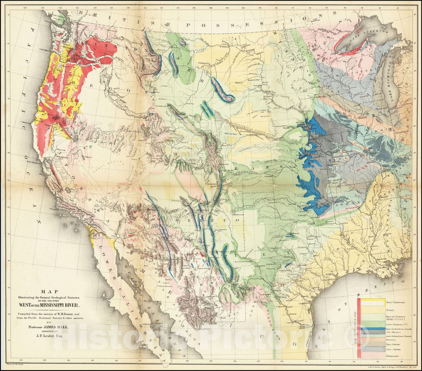 Historic Map : Map Illustrating the General Geological Features of the Country West of the Mississippi River,  1857, Vintage Wall Art