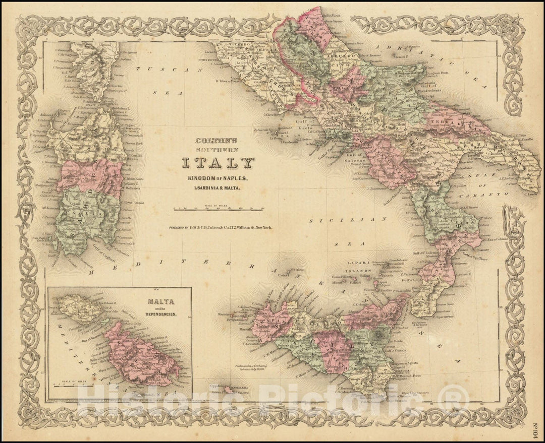 Historic Map : Colton's Southern ItalyKingdom of Naples, I Sardinia & Malta, 1865, Vintage Wall Art