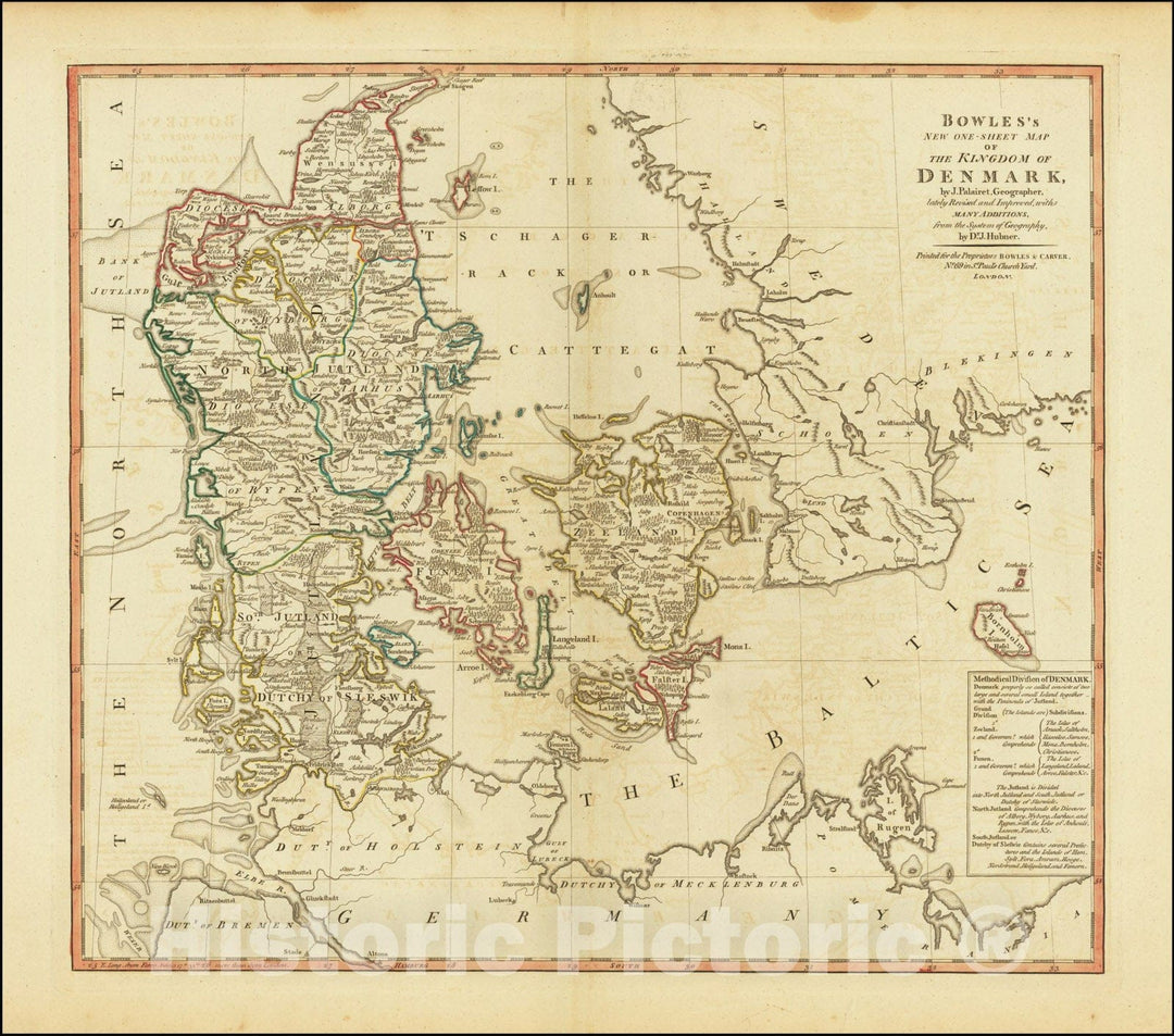 Historic Map : Bowles's New One-Sheet Kingdom of Denmark, by J. Palaairet, Geographer, laterly Revised and Improved with Many Additions from the System of Geography by Dr. J. Hubner., 1795, Vintage Wall Art