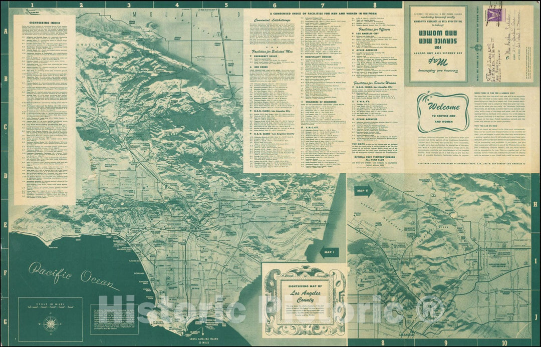 Historic Map : Discovery and Sightseeing Los Angeles City and County for Service Men and Women - Sightseeing Los Angeles County , 1944, Vintage Wall Art