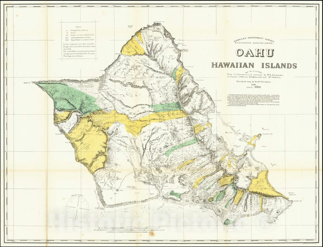 Historic Map : Oahu Hawaiian Islands , Hawaiian Government Survey, 1881, Vintage Wall Art