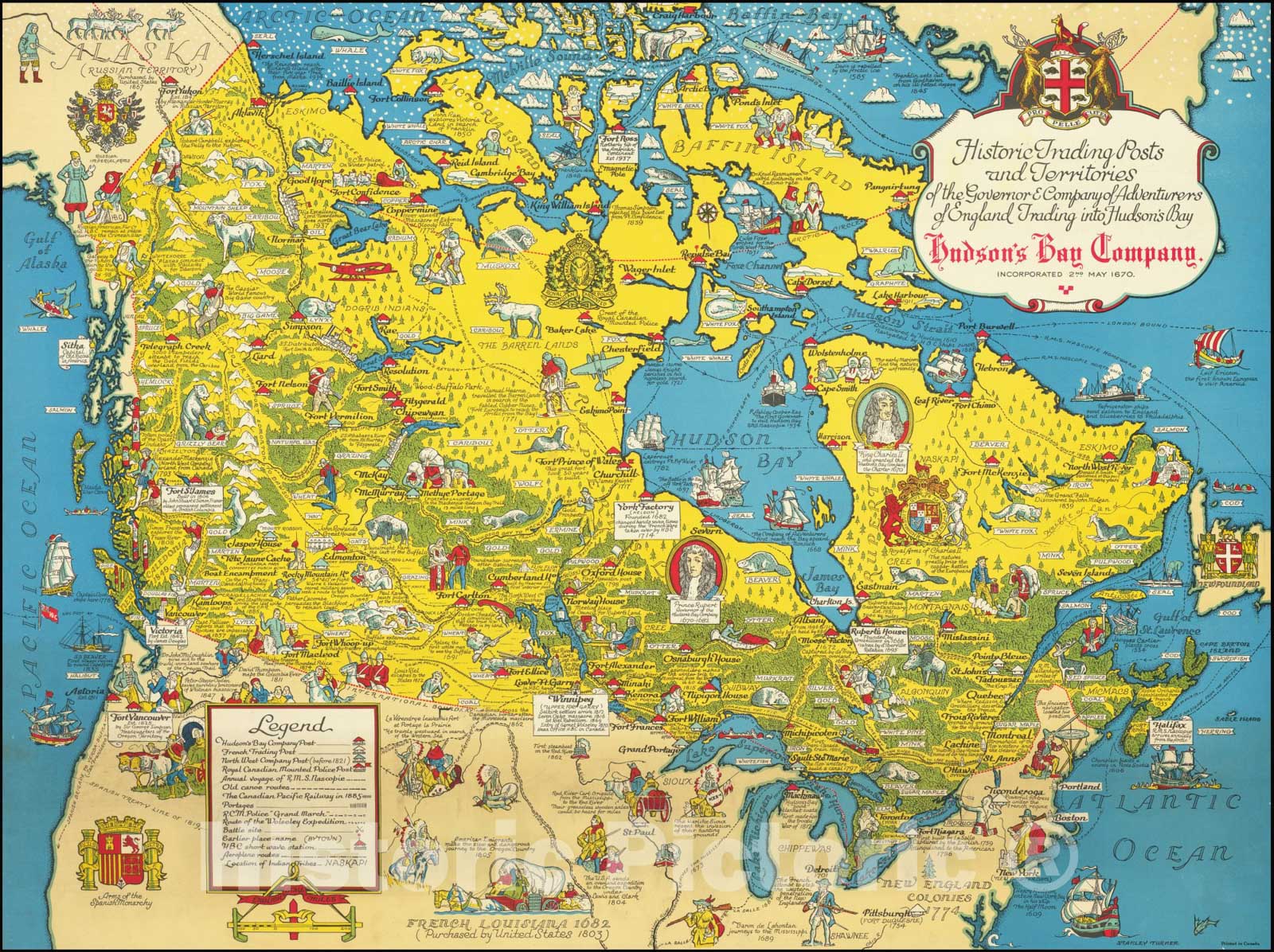 Historic Map : Historic Trading Posts and Territories of the Governor & Company of Adventurers of England Trading into Hudson's Bay, 1947, Vintage Wall Art