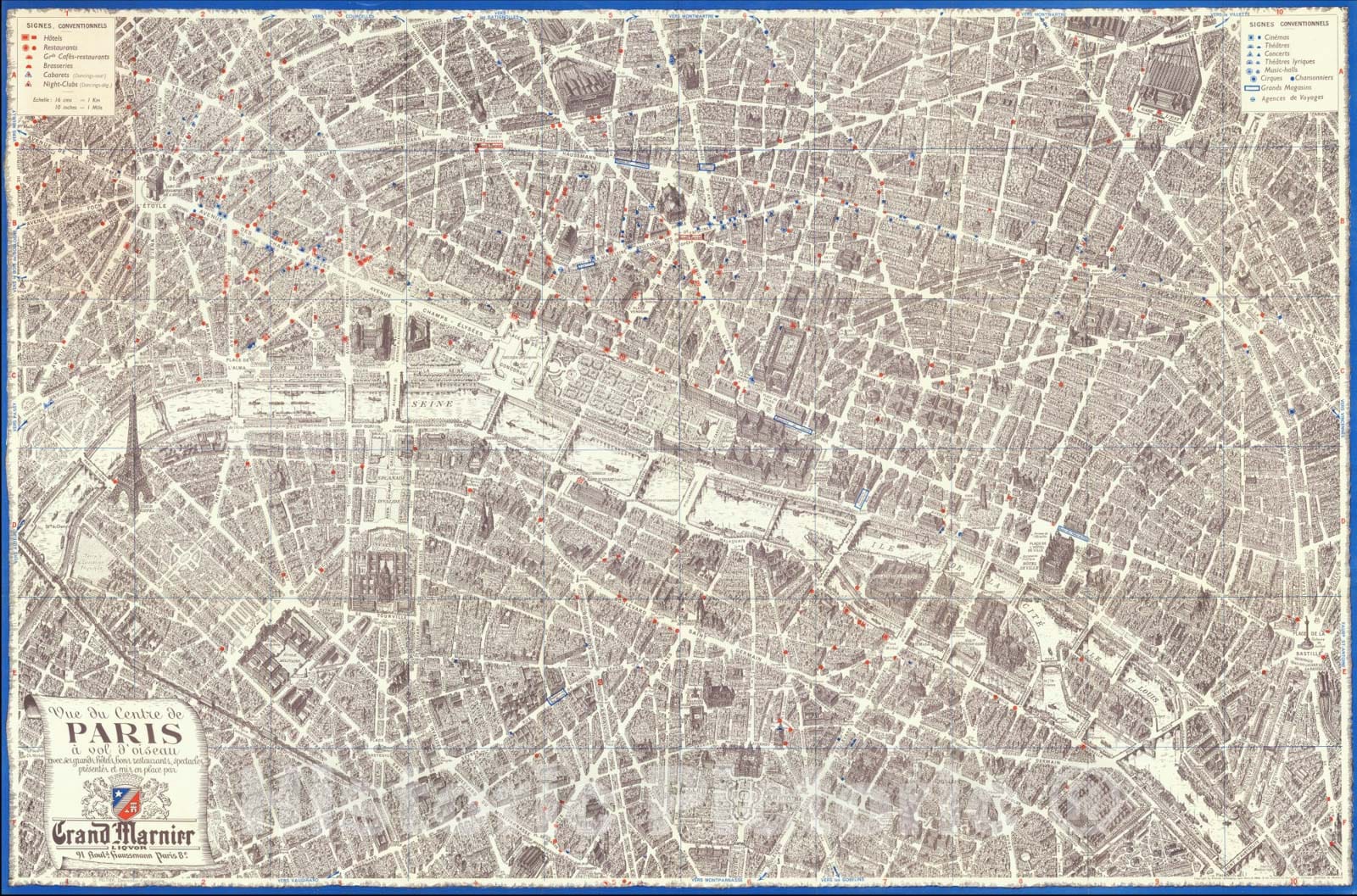 Historic Map : Vue du Centre de Paris Ã  vol d'oiseau avec ses grands hÃ´tels, bons restaurants, spectacules prÃ©sentÃ©s et mis en place par Grand Marnier Liquor, 1951, Vintage Wall Art