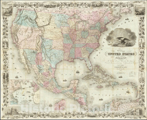 Historic Map : Colton's United States of America, The British Provinces, Mexico, The West Indies and Central America , 1850 , 1850, Vintage Wall Art