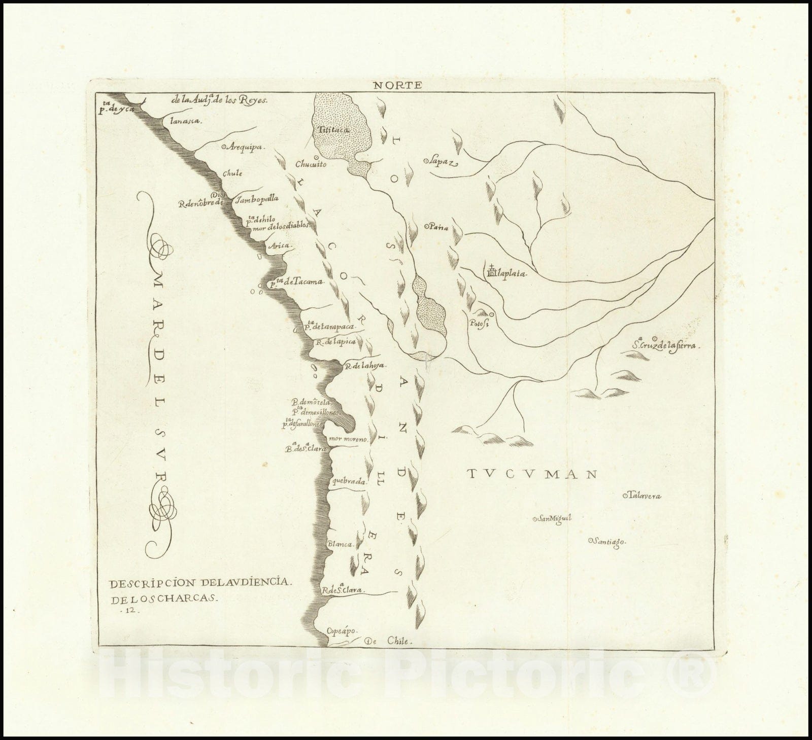 Historic Map : Descripcion Del Audiencia De los Charcas, Chile, Bolivia, Peru,1601 (1730), Vintage Wall Art