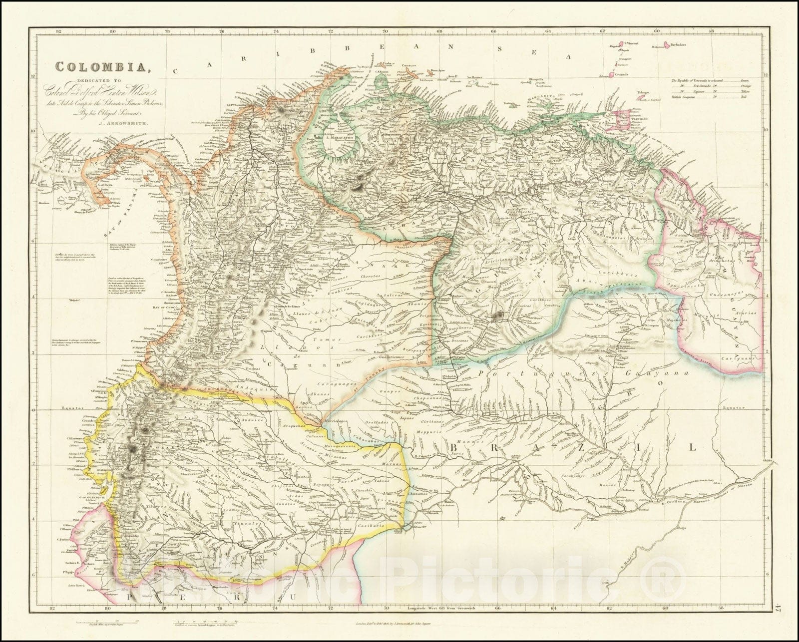 Historic Map : Colombia, Dedicated to Colonel Belford Hinton Wilson, late Aid de Camp to the Liberator Simon Bolivar, By his Obliged Servant, J. Arrowsmith, 1842, Vintage Wall Art