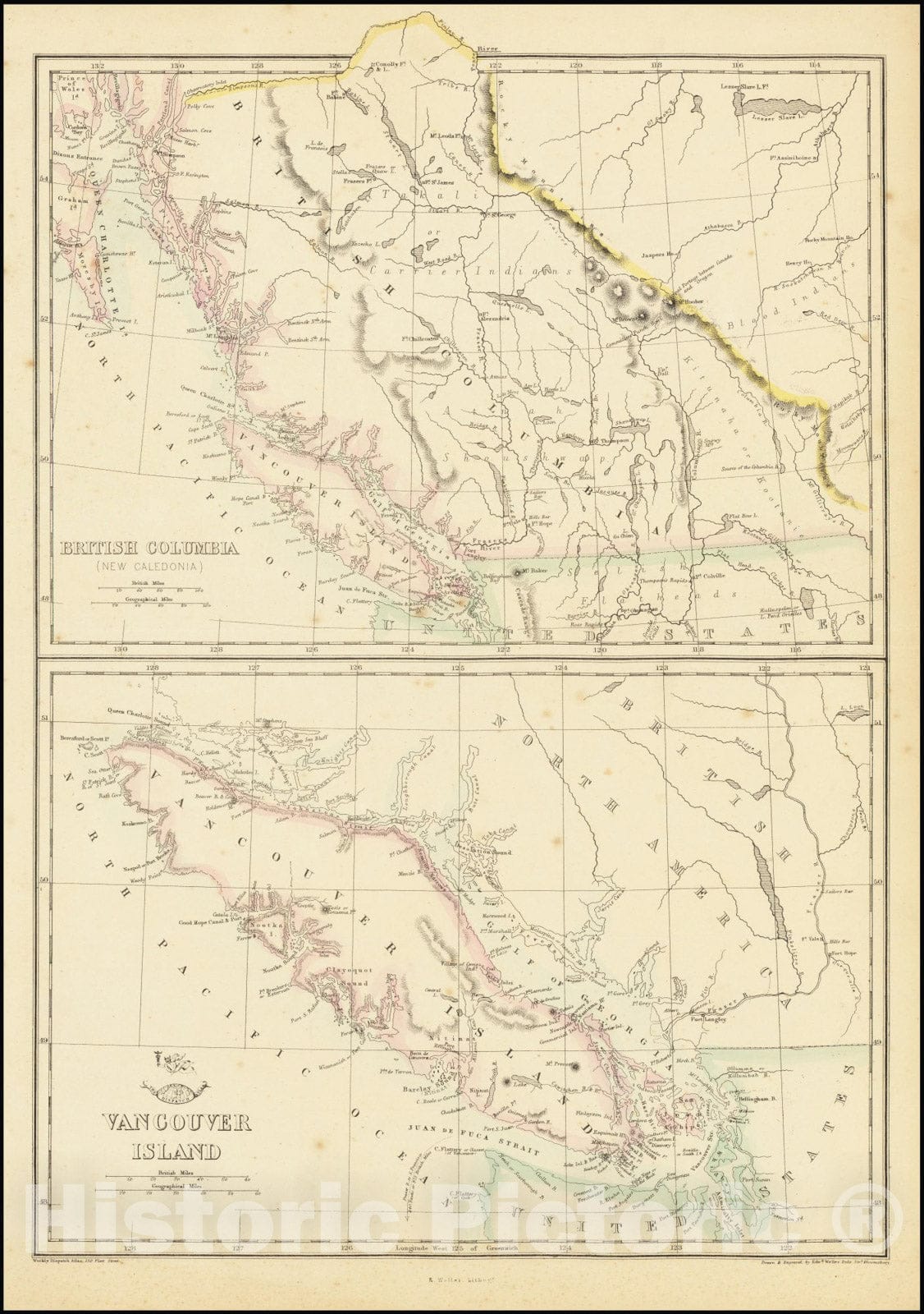 Historic Map : British Columbia , New Caledonia, 1858, Vintage Wall Art