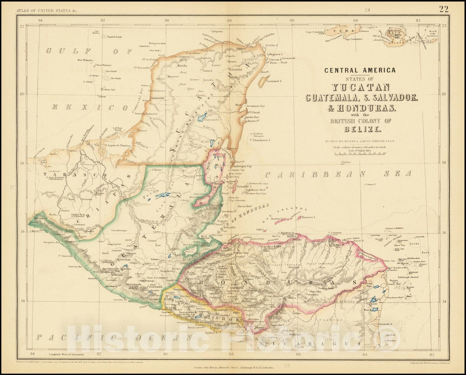 Historic Map : Central America -- States of Yucatan Guatemala, S. Salvador & Honduras, with the British Colony of Belize., 1857, Vintage Wall Art