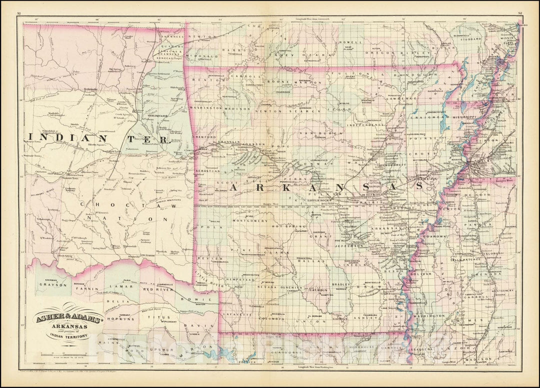 Historic Map : Asher & Adams' Arkansas and portion of Indian Territory, 1874, Vintage Wall Art