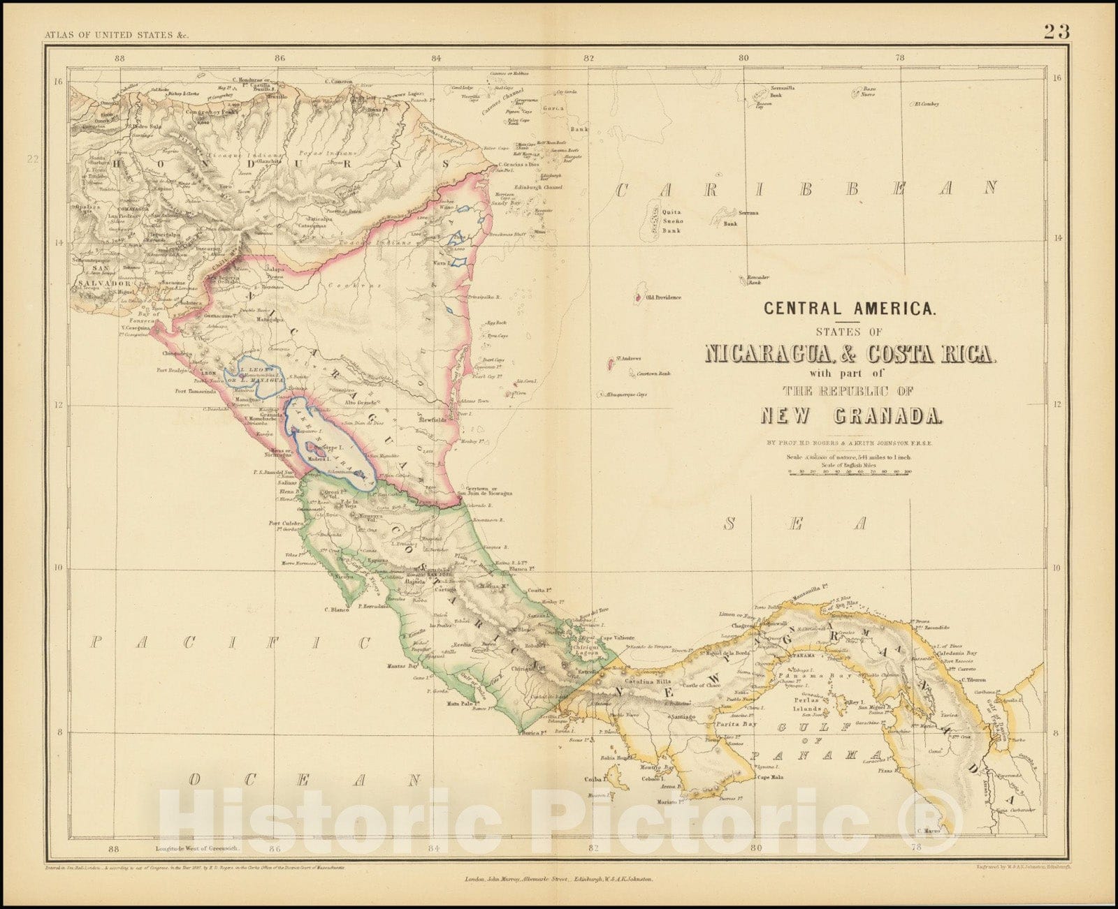 Historic Map : Central America -- States of Nicaragua,Costa Rica with part of the Republic of New Granada , Panama, 1857, Vintage Wall Art