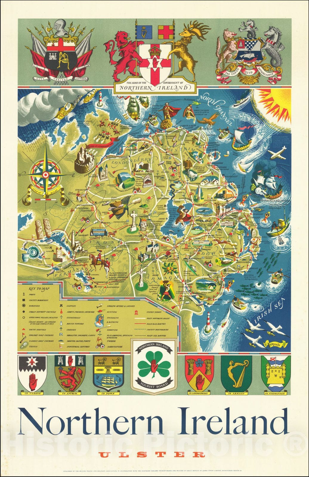 Historic Map : Northern Ireland.Ulster, 1955, Vintage Wall Art