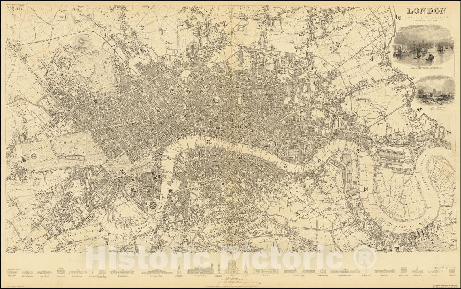 Historic Map : London , Rare First Edition, 1836, Vintage Wall Art