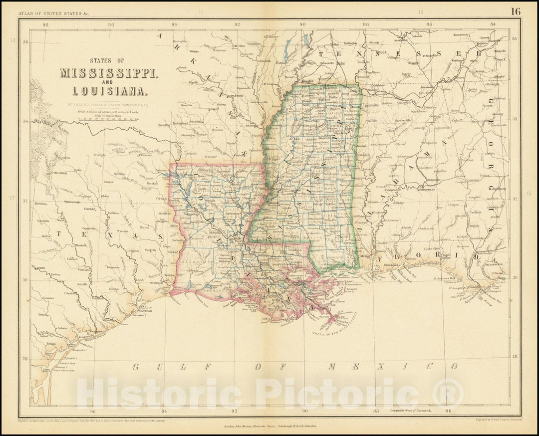 Historic Map : States of Mississippi and Louisiana, 1857, Vintage Wall Art