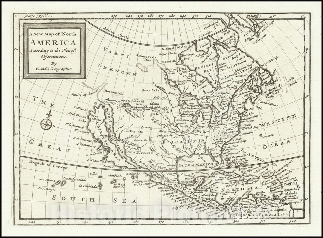 Historic Map : A New North America.According to the Newest Observations , 1708, Vintage Wall Art