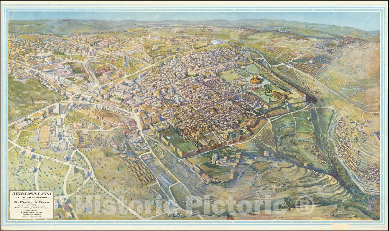 Historic Map : Jerusalem in Third Dimension Designed and Edited by G. Frederick Owen Member of Palestine Oriental Society and American School of Oriental REsearch, 1947, Vintage Wall Art