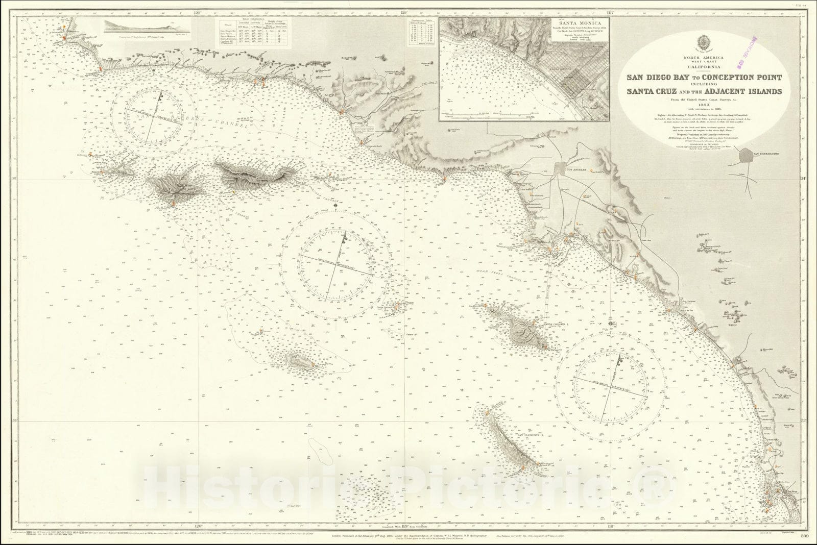 Historic Map : San Diego Bay to Conception Point Including Santa Cruz and Adjacent Islands , 1883. with corrections to 1926,1928 (1957), Vintage Wall Art