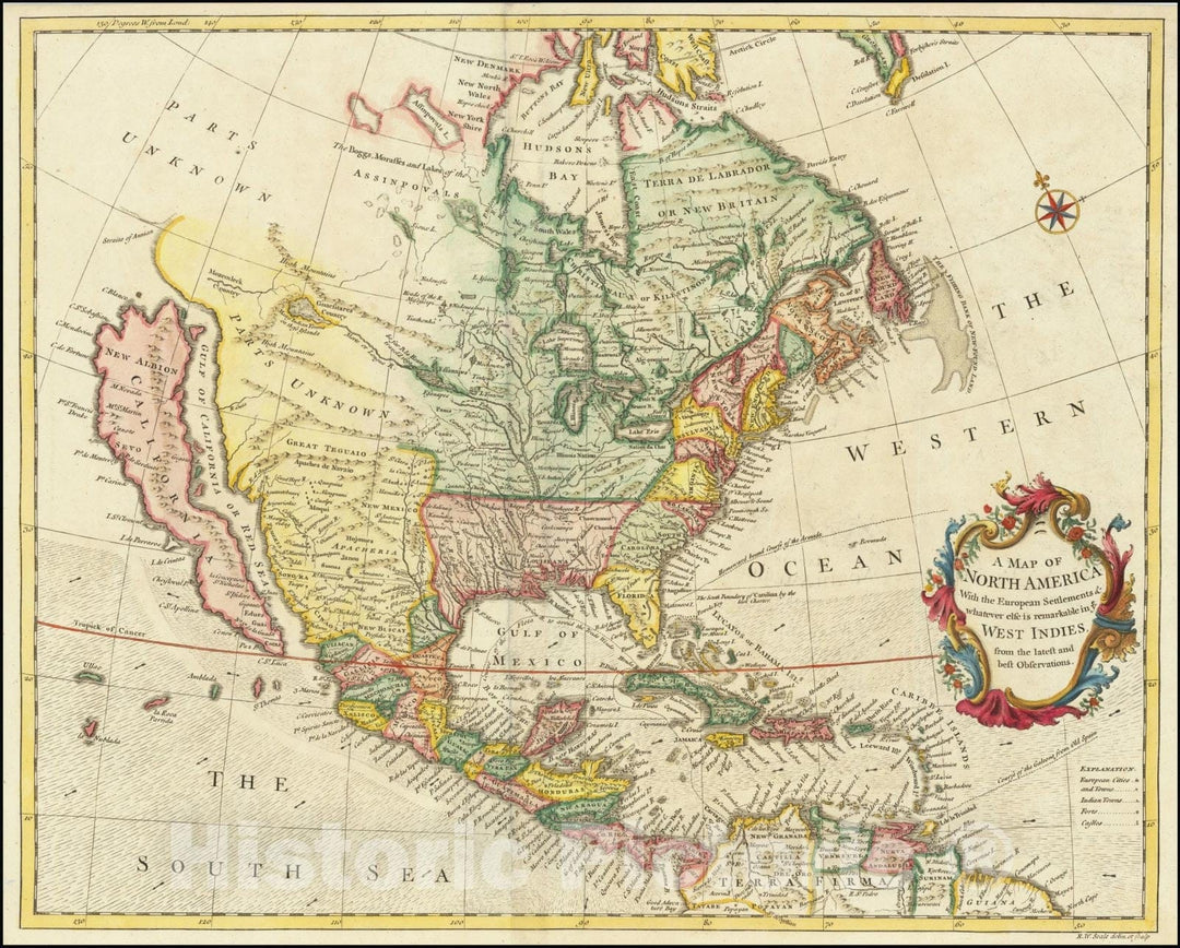 Historic Map : A North America With the European Settlements & whatever else is remarkable in ye West Indies from the latest and best Observations, 1733, Vintage Wall Art