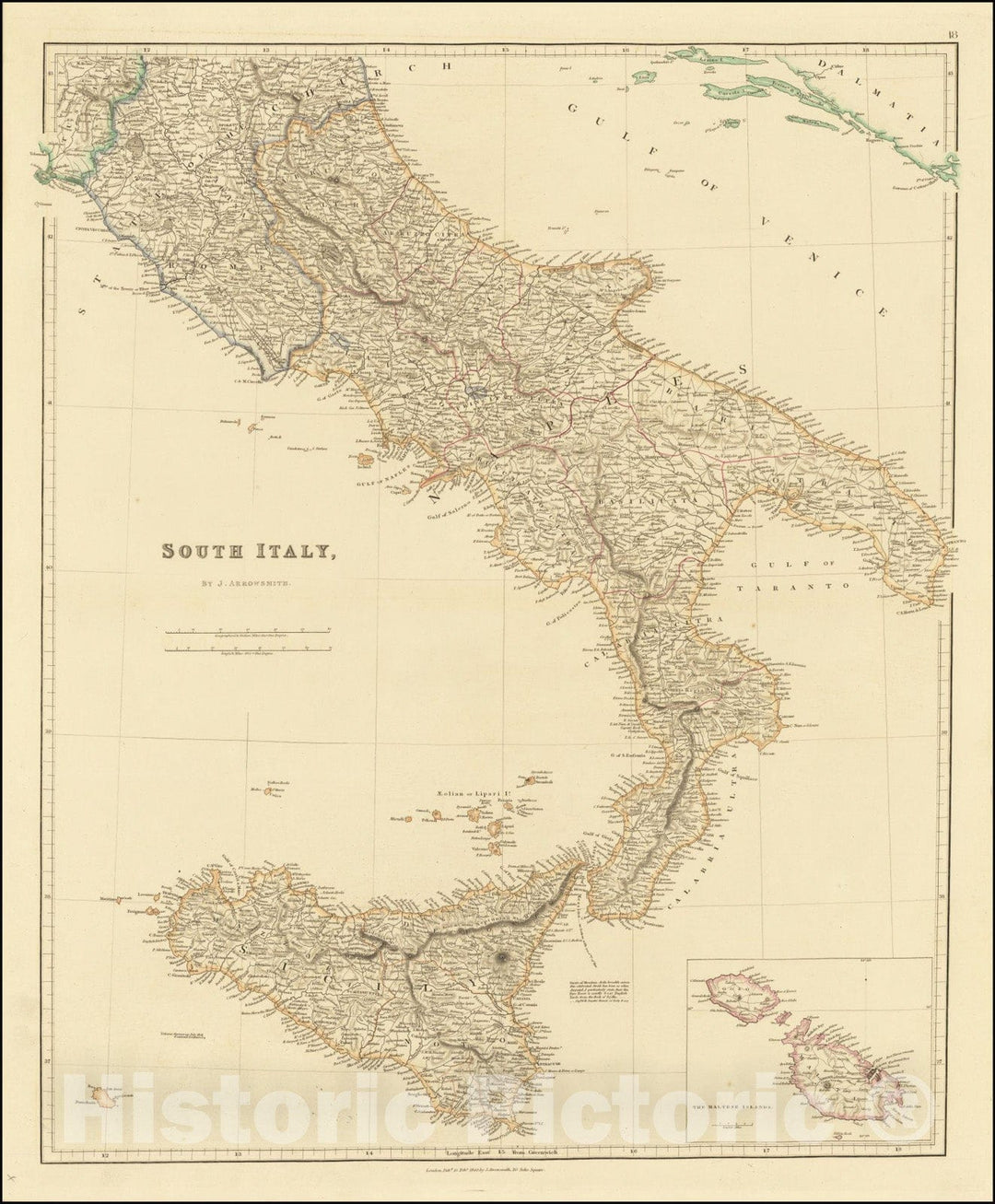 Historic Map : South Italy , with Sicily and Large Malta Inset, 1842, Vintage Wall Art