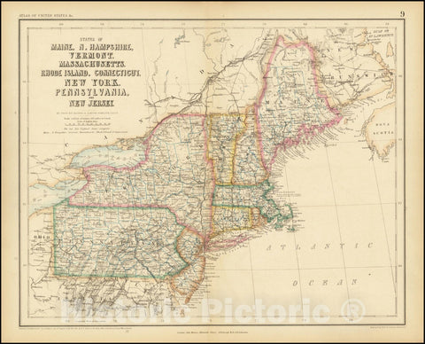 Historic Map : States of Maine, N. Hampshire, Vermont, Massachusettes, Rhode Island, Connecticut, New York, Pennsylvania, and New Jersey, 1857, Vintage Wall Art
