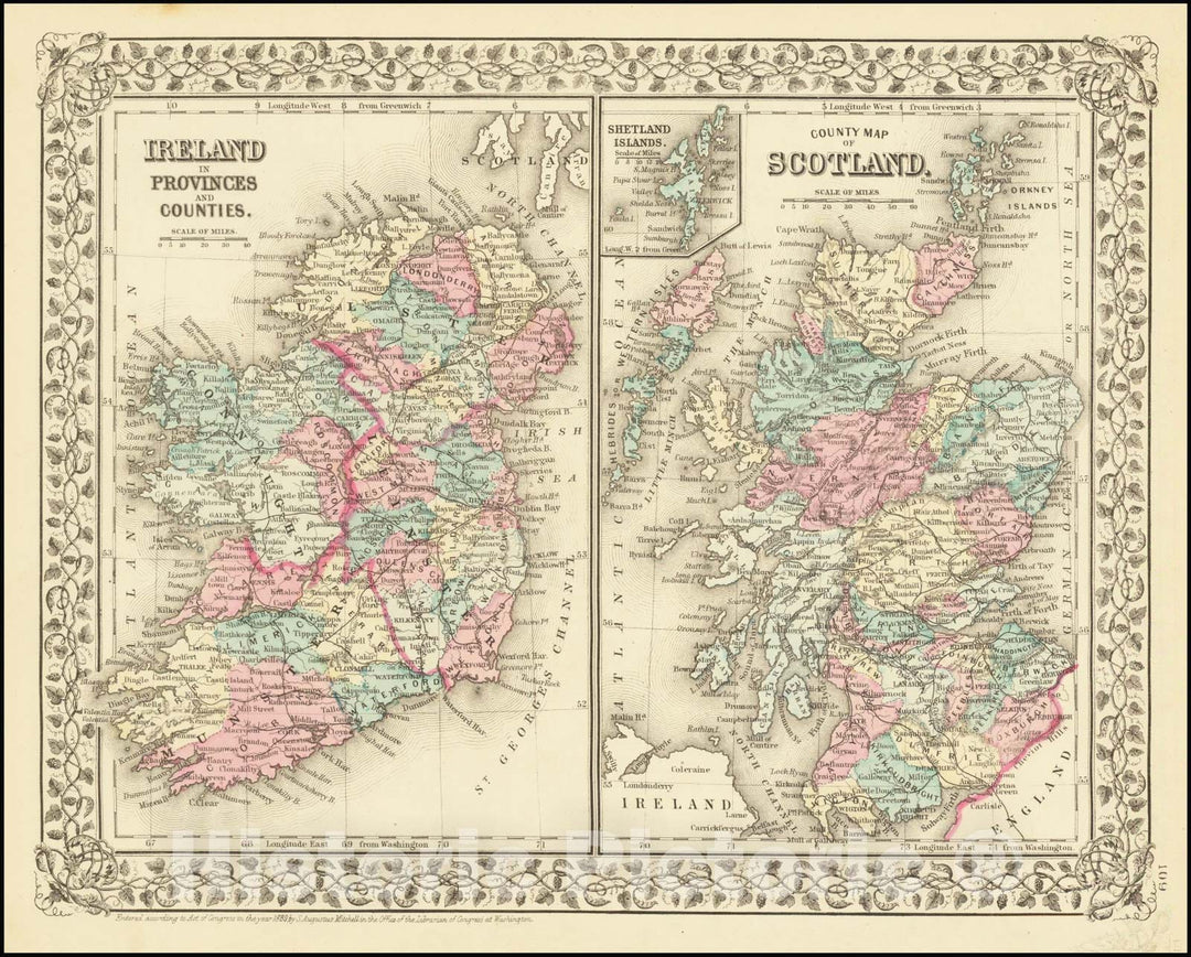 Historic Map : Ireland in Provinces and Counties , 1880, Vintage Wall Art