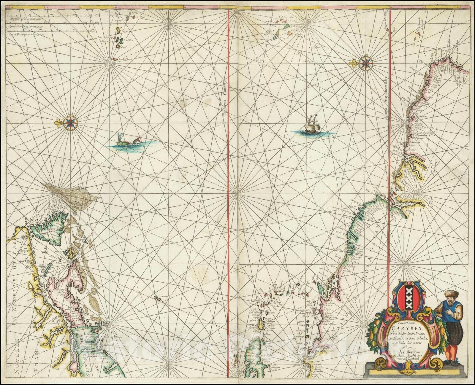 Historic Map : Pascaert vande Carybes, Nieu Neder landt, Brazil, de Flaemsche en Soute Eylanden; en de landen daer ontrent gelegen , 1650, Vintage Wall Art