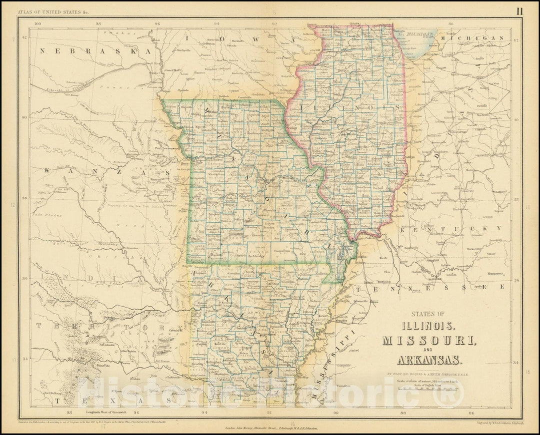 Historic Map : States of Illinois, Missouri and Arkansas, 1857, Vintage Wall Art