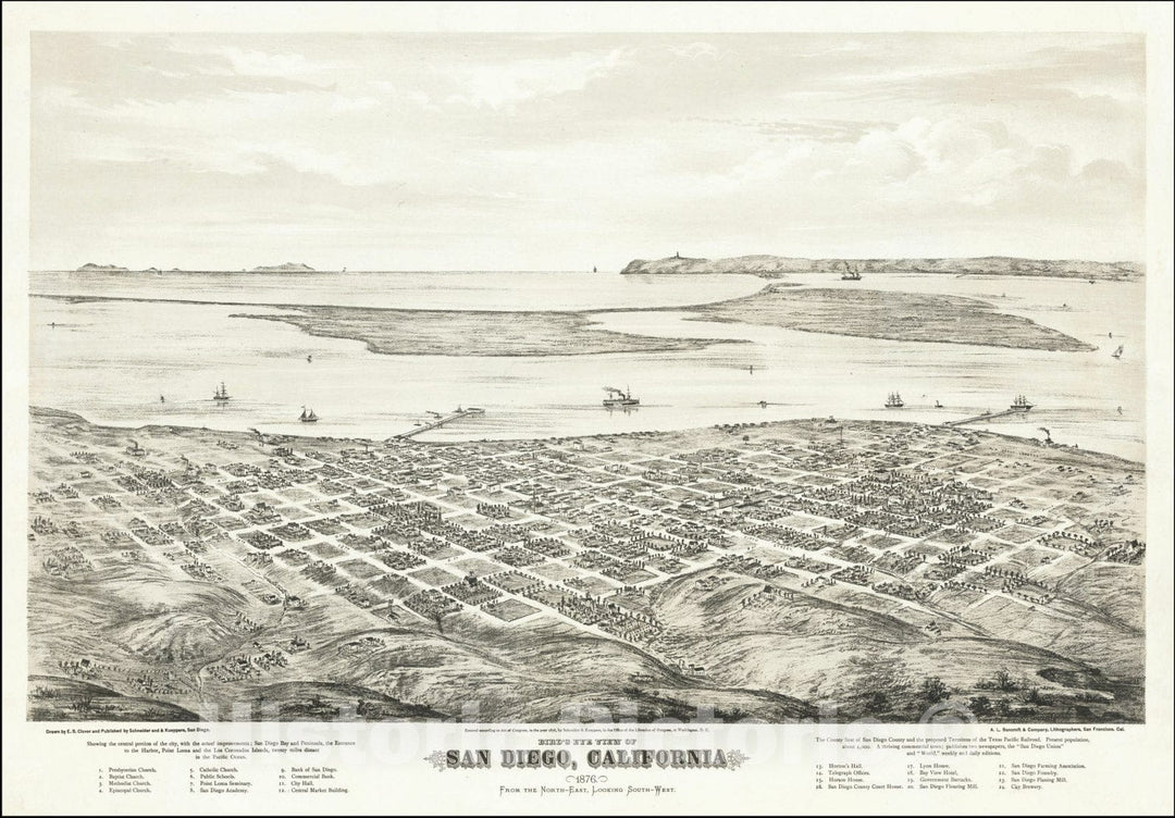 Historic Map : Bird's Eye View of San Diego, California 1876. From the North-East, Looking South-West. , 1876 v2, Vintage Wall Art