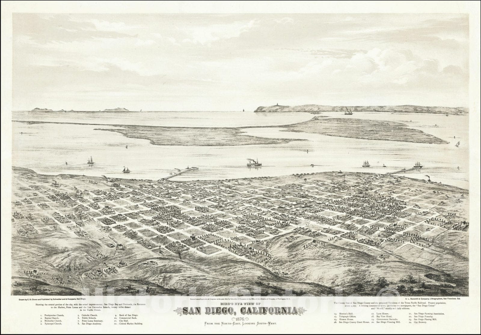 Historic Map : Bird's Eye View of San Diego, California 1876. From the North-East, Looking South-West. , 1876 v2, Vintage Wall Art