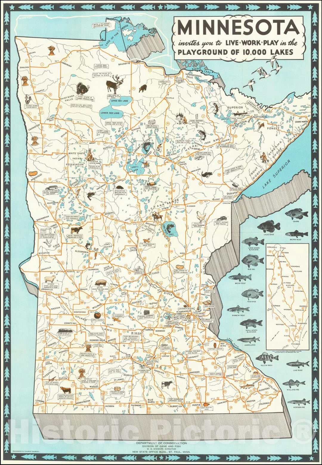 Historic Map : Minnesota invites you to Live-Work-Play in the Playground of 10,000 Lakes, 1935, Vintage Wall Art