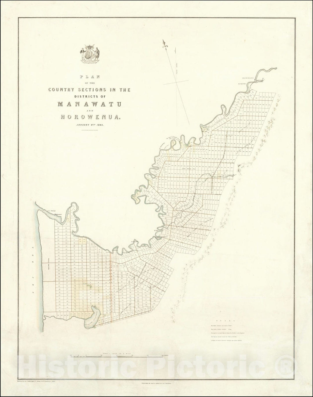 Historic Map : Plan of the Country Sections in the Districts of Manawatu and Horowenua.January 4th, 1843., 1843, Vintage Wall Art