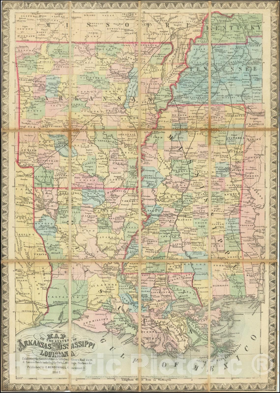 Historic Map : States of Arkansas Mississippi and Louisiana Exhibiting the Counties, Cities & Villages; Rivers, Rail ways, & Common Roads including the Forts, Landings, Stations &c., 1862, Vintage Wall Art