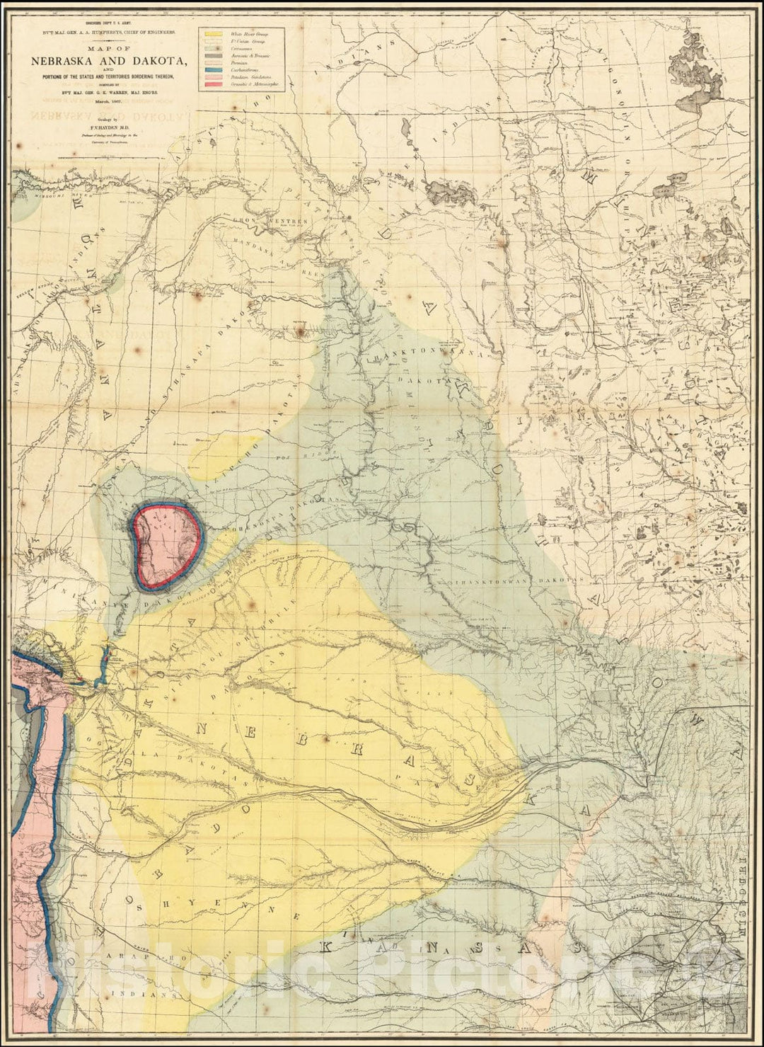 Historic Map : Nebraska and Dakota, and portions of the States and Territories bordering thereon, compiled by BV'T Maj. Gen. G.K. Warren, Maj. Eng'rs. March, 1867., 1867, Vintage Wall Art