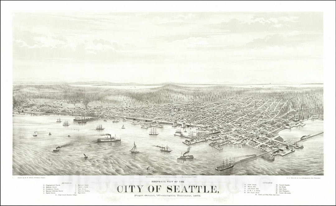 Historic Map : Bird's-Eye View Of The City of Seattle, Puget Sound, Washington Territory, 1878, 1878, Vintage Wall Art