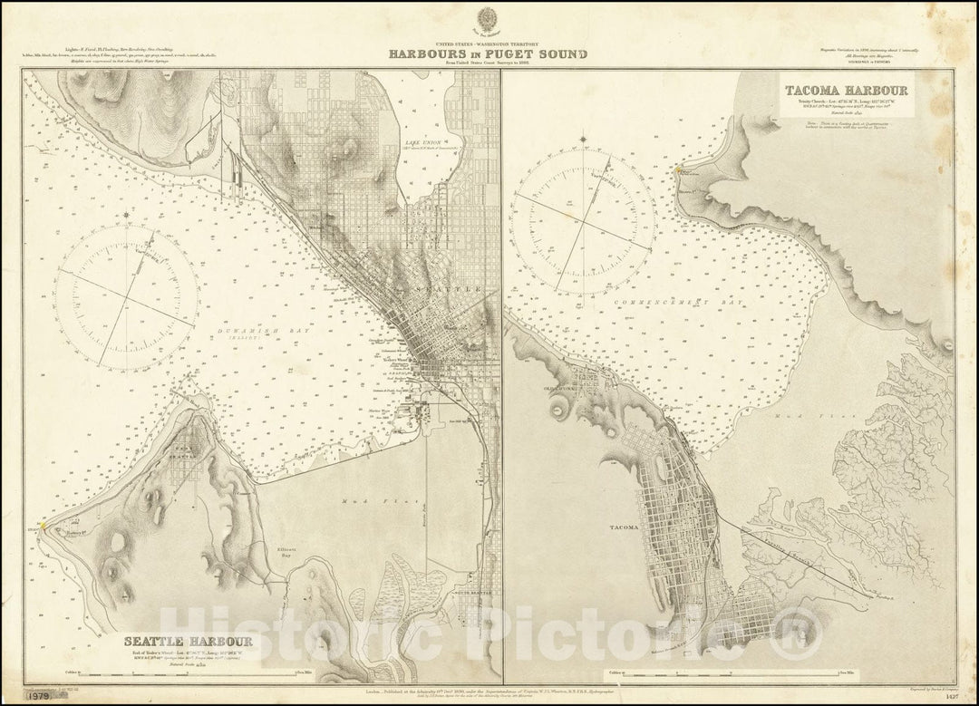 Historic Map : Harbours in Puget Sound - Seattle Harbour - Tacoma Harbour,1888 (corrections to 1892), Vintage Wall Art