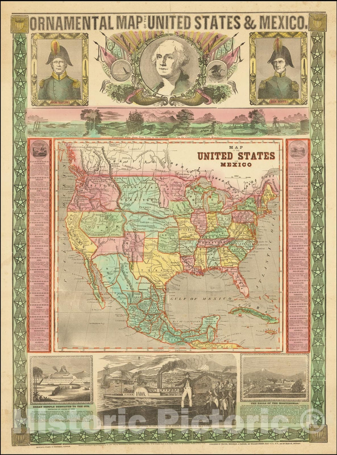 Historic Map : Ornamental United States & Mexico, 1848, 1850, Vintage Wall Art