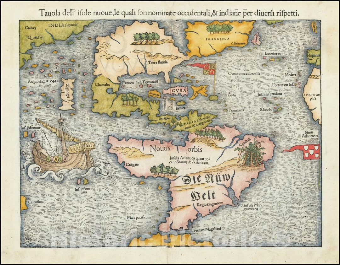 Historic Map : First Map of the American Continent,Tavola dell' isole nuove, le quali son nominate occidentali, & indiane per diversi rispetti., 1558 v1, Vintage Wall Art