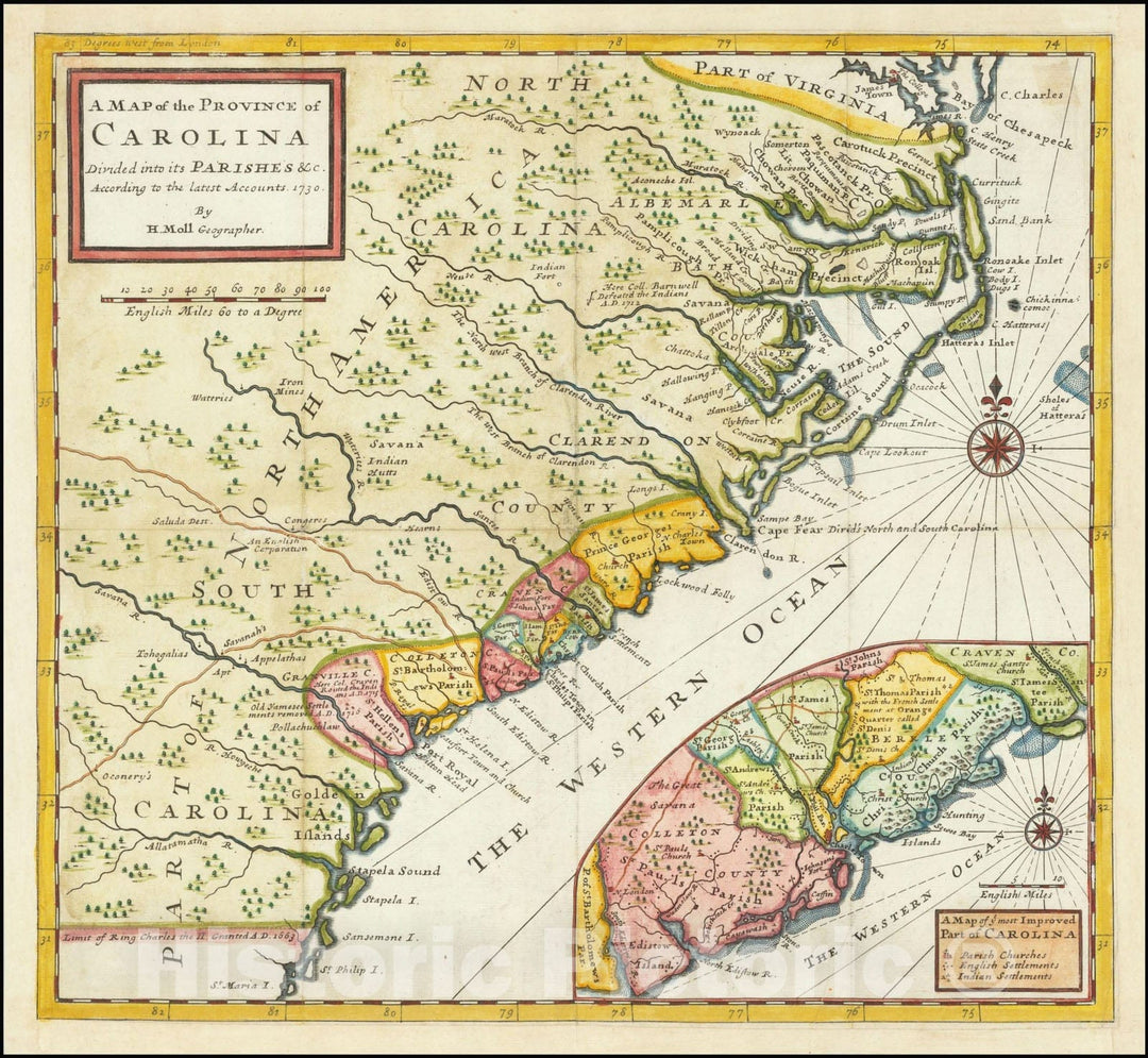 Historic Map : A Province of Carolina Divided into its Parishes &c According to the latest Accounts. 1730, 1730, Vintage Wall Art