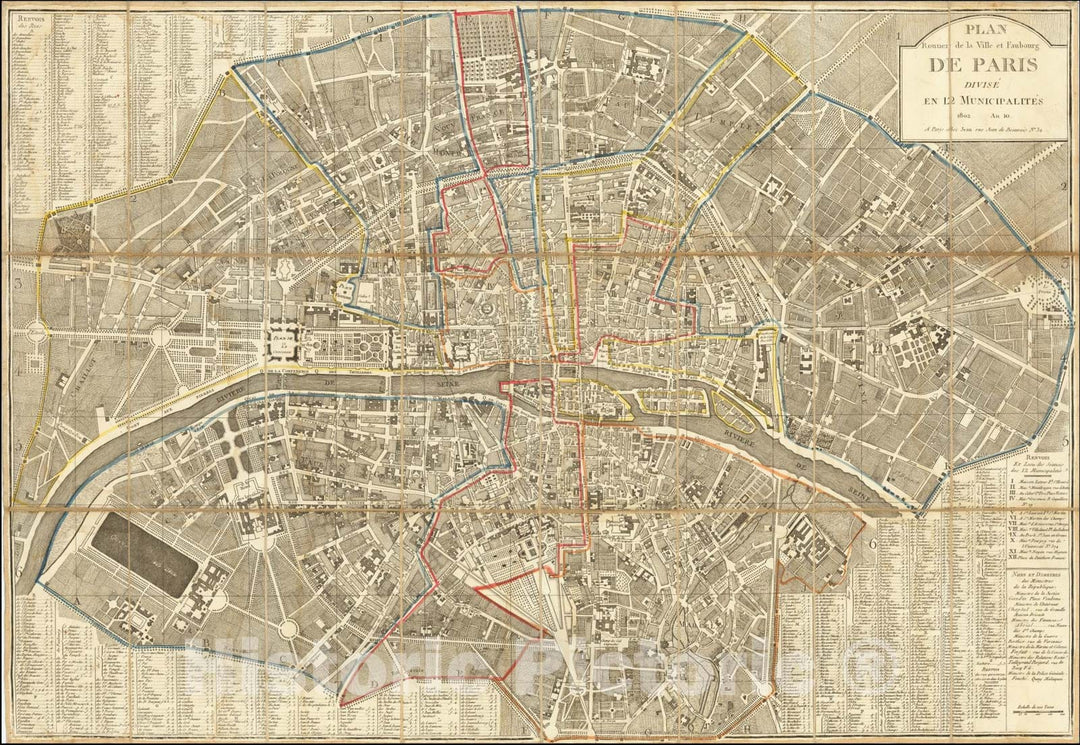 Historic Map : Plan Routier de la Ville et Faubourg de Paris Divise en 12 Municipalities 1802.An. 10, 1802, Vintage Wall Art