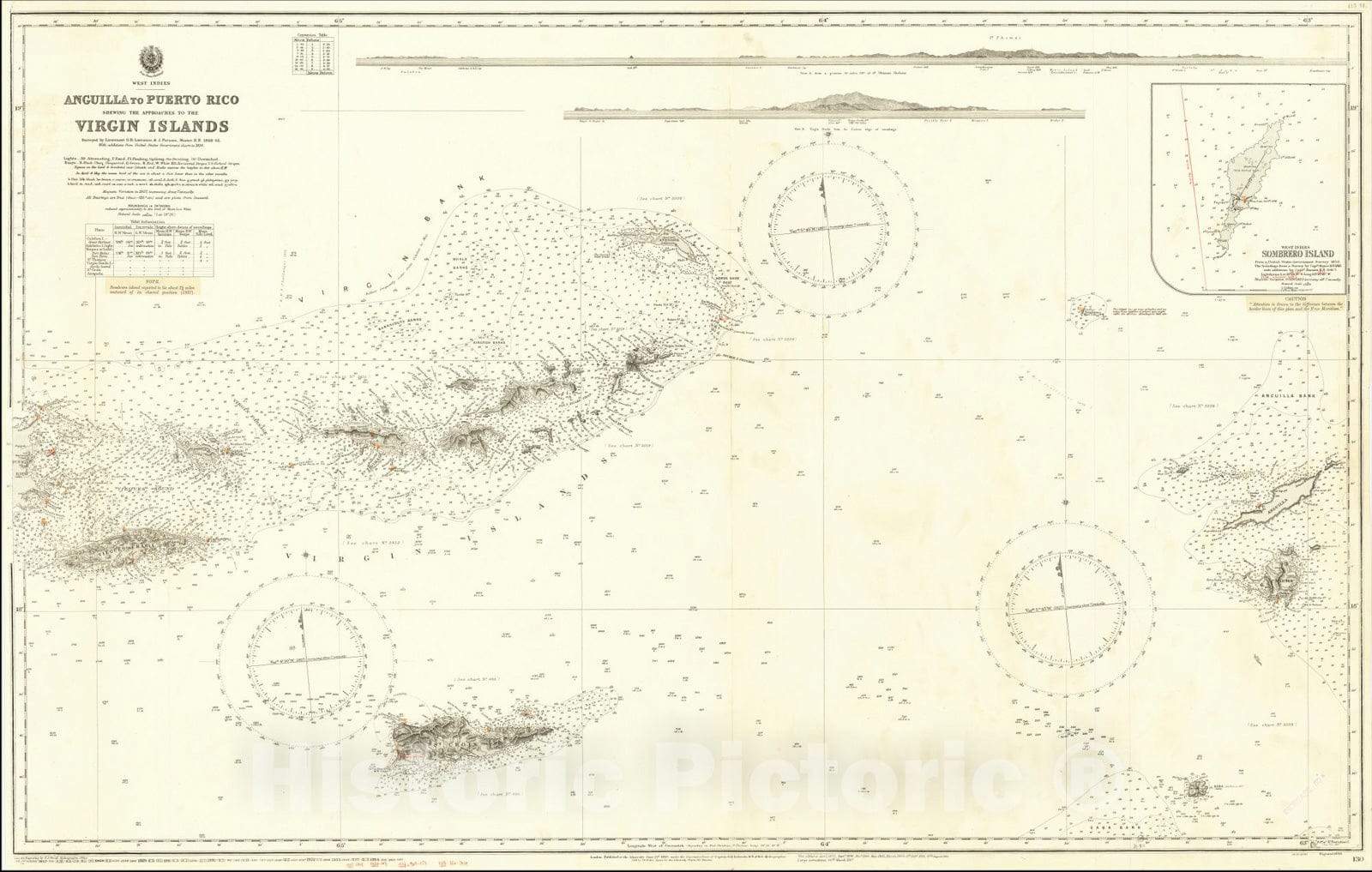 Historic Map : Anguilla to Puerto Rico Shewing The Approaches To The Virgin Islands,1868 (Corrections to 1938), Vintage Wall Art