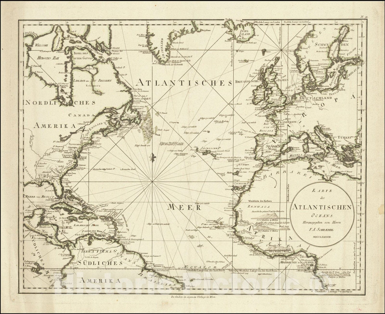 Historic Map : Karte des Atlantischen Oceans , 1788, Vintage Wall Art