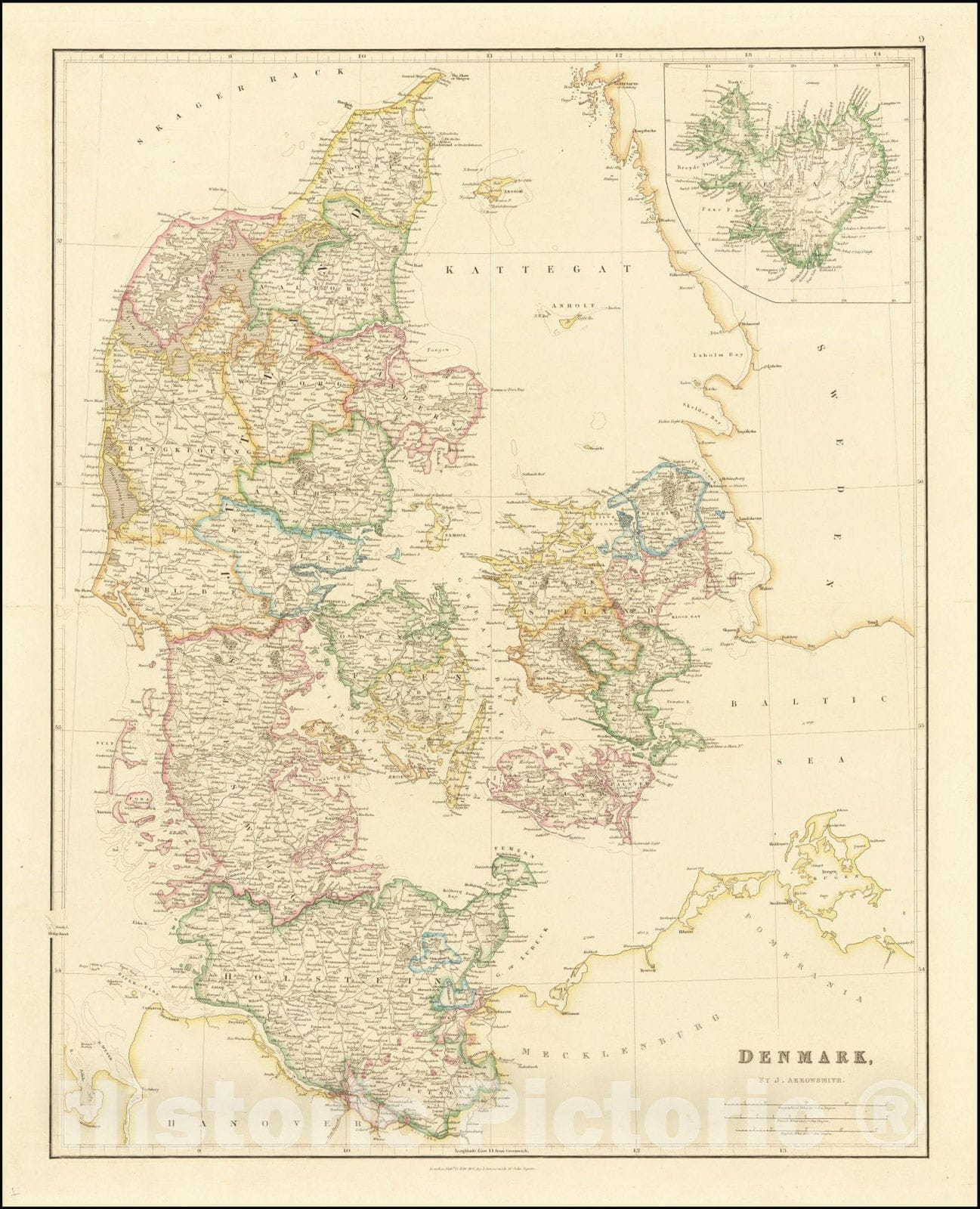 Historic Map : Denmark , 1864, Vintage Wall Art