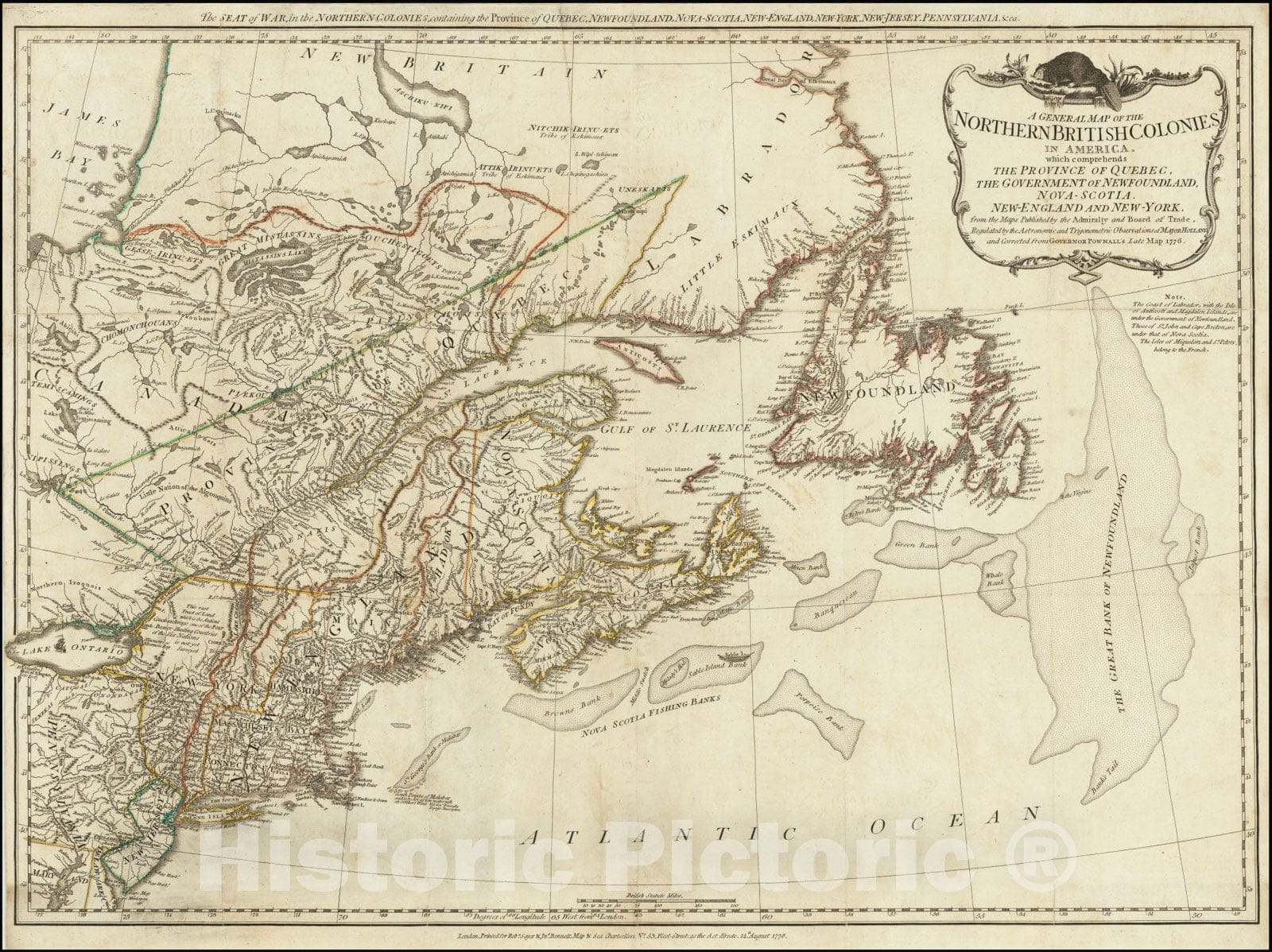 Historic Map : A General Northern British Colonies in America. Which comprehends the province of Quebec, the government of Newfoundland, Nova-Scotia, New-England and New-York,1776, 1776, Vintage Wall Art