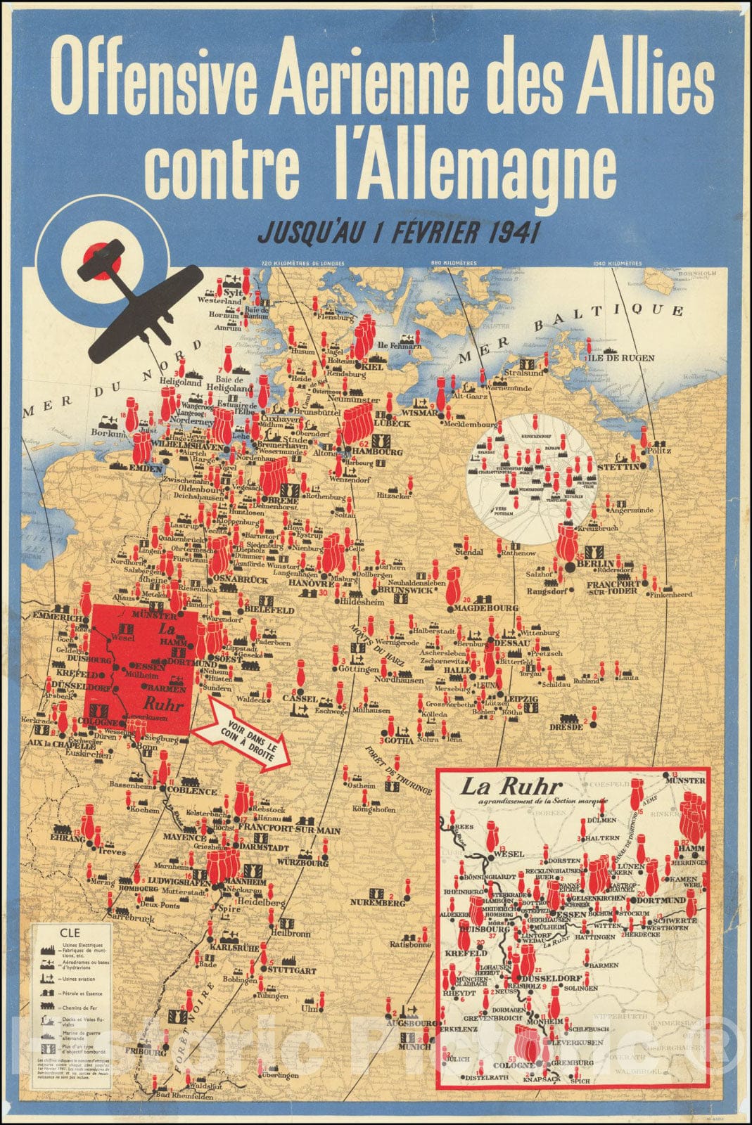 Historic Map : (Second World War - Allied Bombing of Germany) Offensive Aerienne des Allies contre l'Allemagne Jusqu'au 1 Fevrier 1941 , 1941, Vintage Wall Art